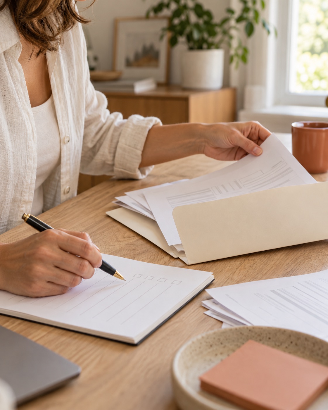 A person organizing paperwork and completing a checklist at a bright home workspace.